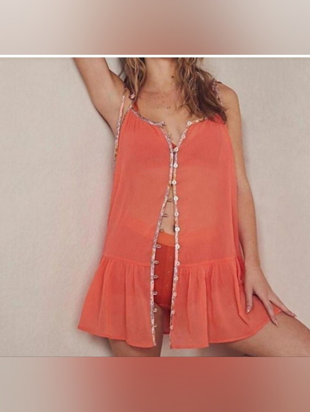 Intimately Free People Coral Bali Sweet Nothing Boho Slip Dress Tie Shoulder XS